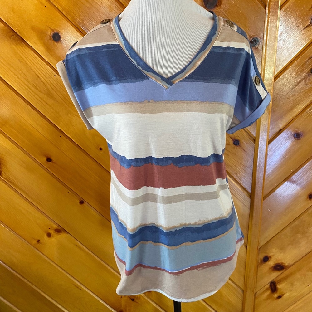 Tru Self Women's NEW Striped V-Neck Top Blue Shirt Shoulder Button Detail Small